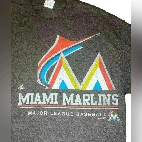Majestic Miami Marlins T Shirt Mens XL Gray MLB Baseball Logo - Picture 3 of 5